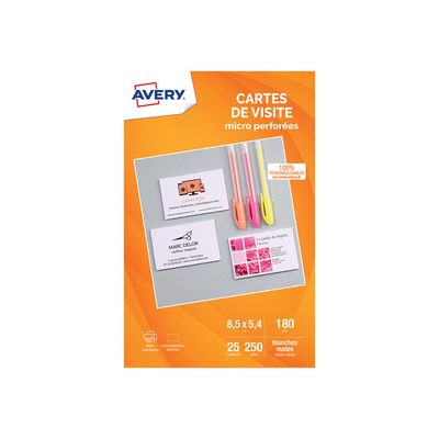 Avery - Papier pour 250 cartes de visite micro perforées 85 x 54 mm - 180 g/m² - impression jet d'encre - 25 feuilles