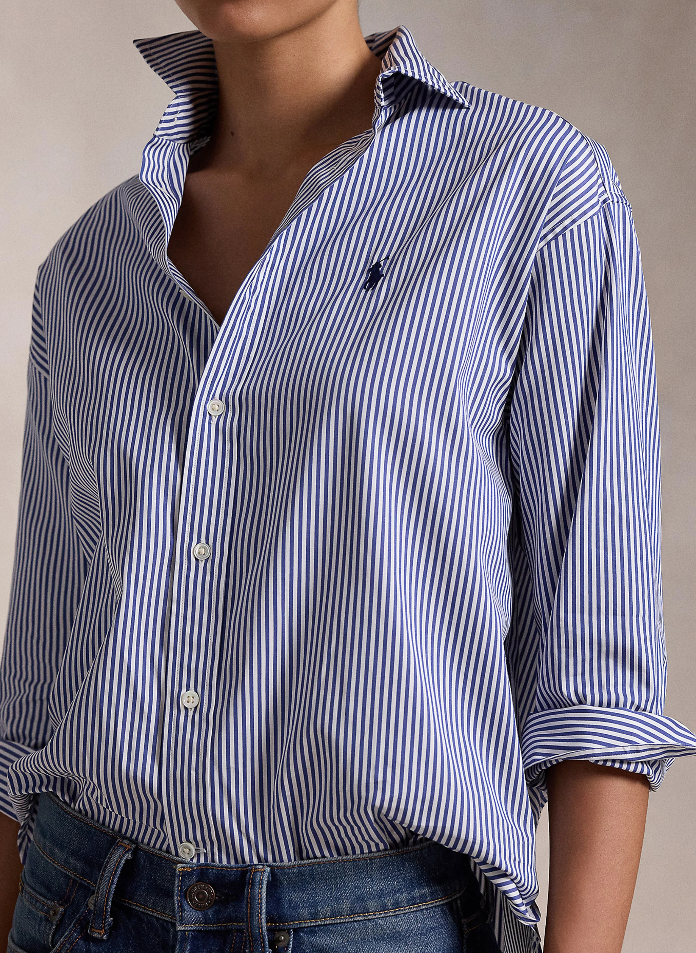 Chemise droite col polo en coton rayé | Bleu