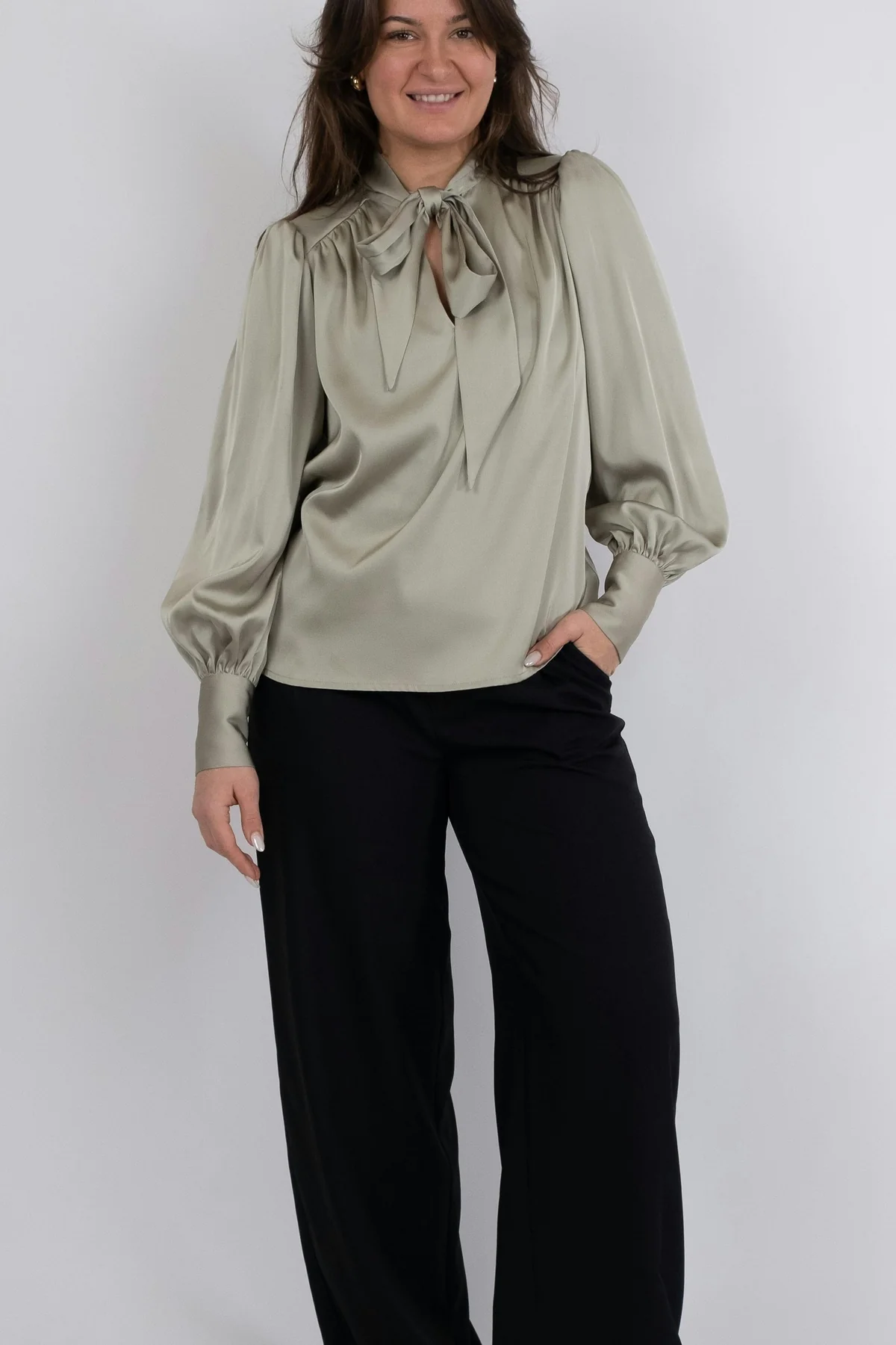 Neo Noir Jaz Bow Blouse smoke green