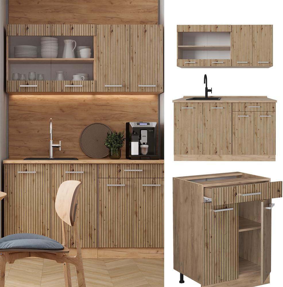 Vicco Singleküche R-Line, Artisan-Eiche/Goldkraft Eiche, 140 cm ohne Arbeitsplatte