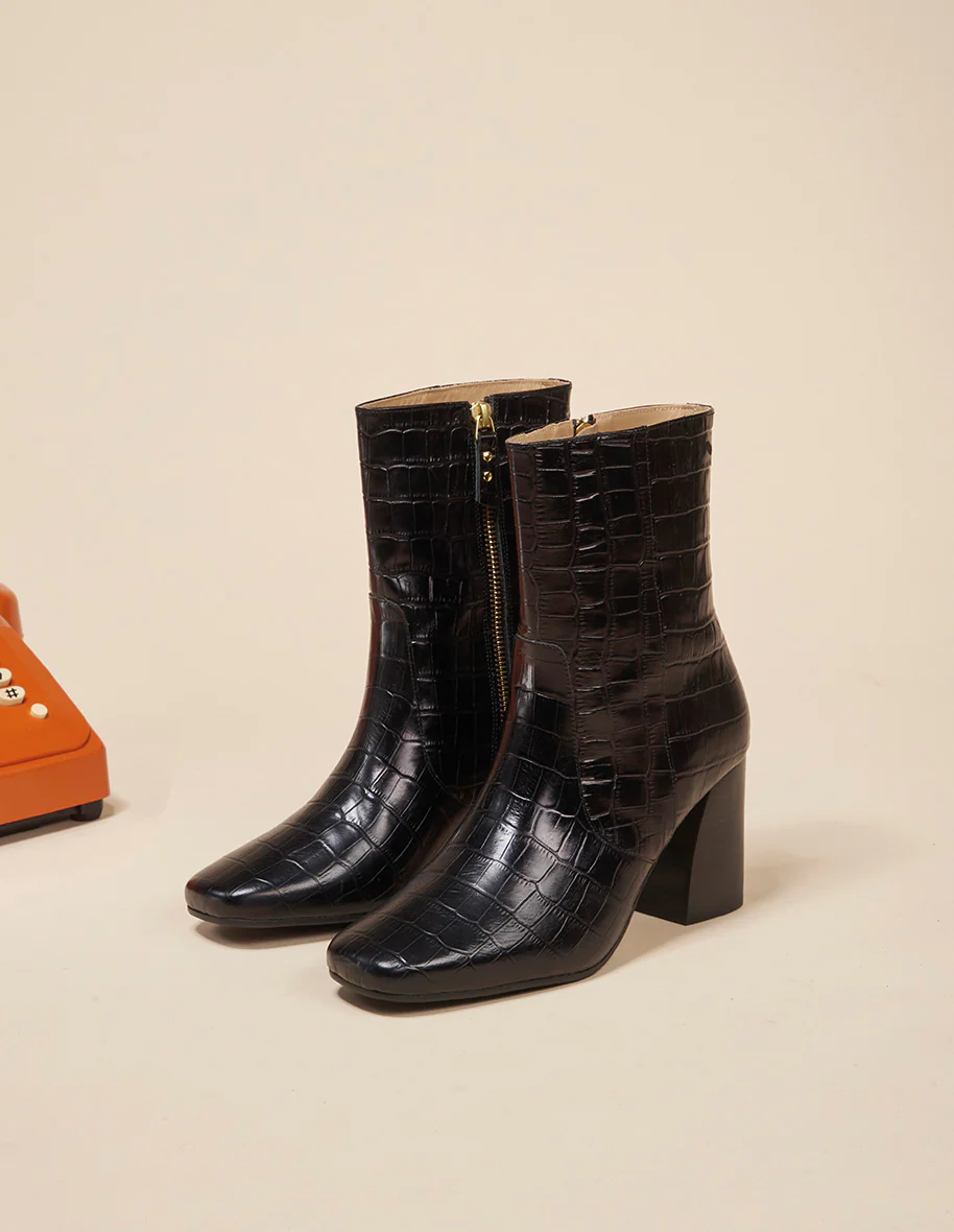 Bottines à talons Irène - Croco XL noir