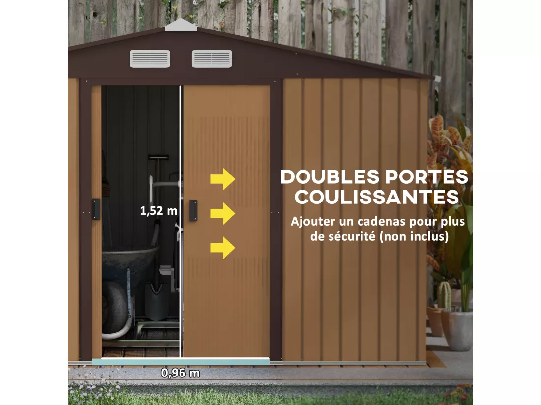 Abri de jardin - remise pour outils - cabanon double porte coulissante - fondation incluse - dim. 277L x 191l x 192H cm - tôle d'acier ondulée terracotta