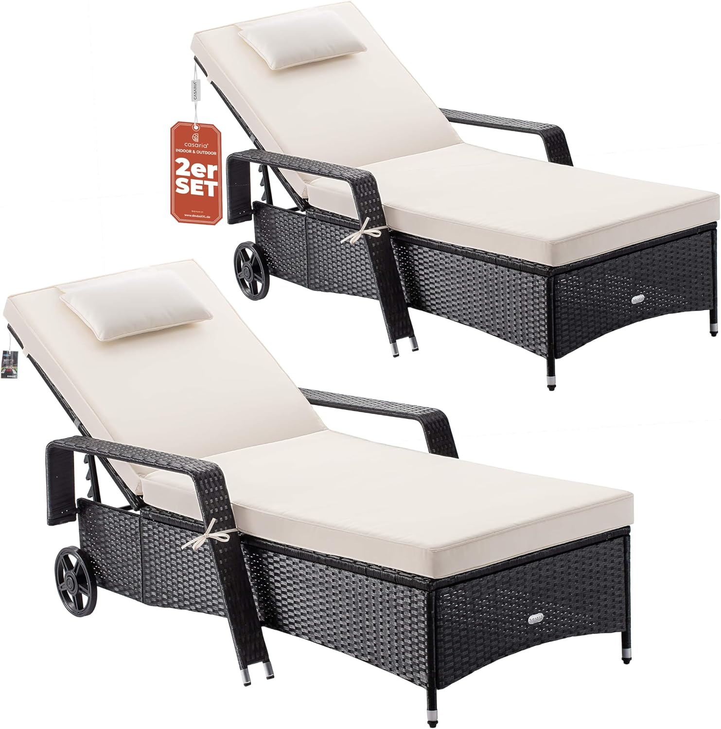 Casaria® Sonnenliege 2er Set mit Rollen 7cm Auflage Extra Breit 90cm Gartenliege Wetterfest 165kg Belastbar Terrasse Balkonmöbel Liegestuhl Schwarz Creme