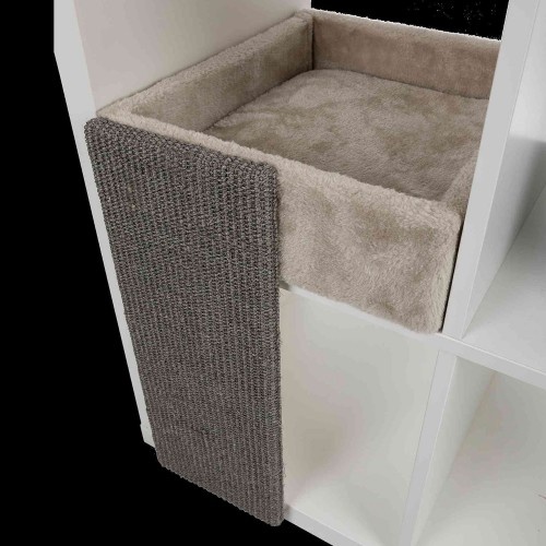 Cama Trixie cinza claro para gatos com poste para arranhar, ideal para prateleiras.