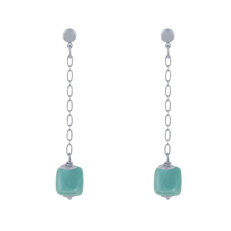 Boucles d'Oreilles Chainette Laiton Argenté et Cube en Céramique