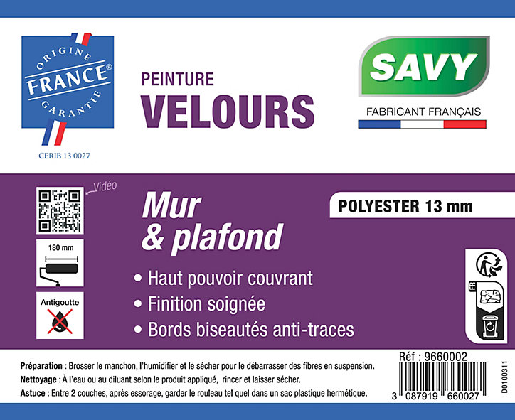Lot 2 rouleau manchons peinture velours 18 cm + monture bi-matière Savy