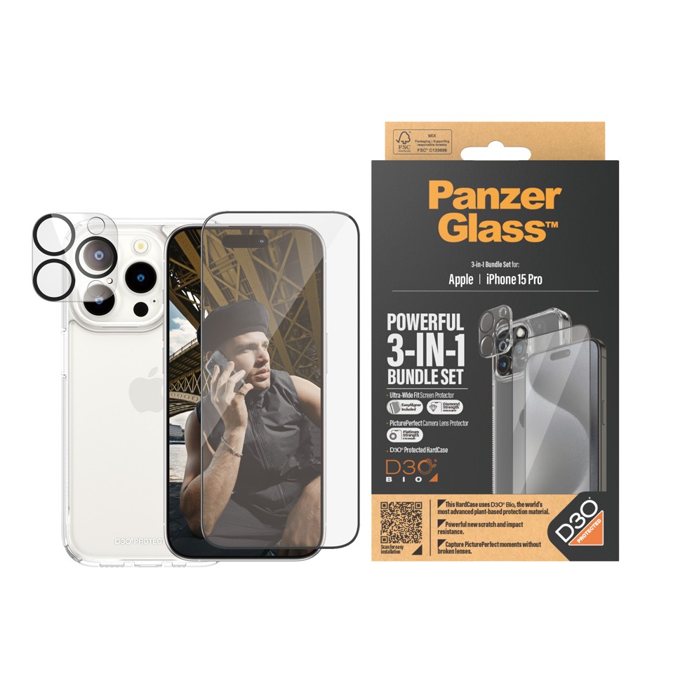 PanzerGlass - 3-i-1 beskyttelsespakke - Apple iPhone 15 Pro