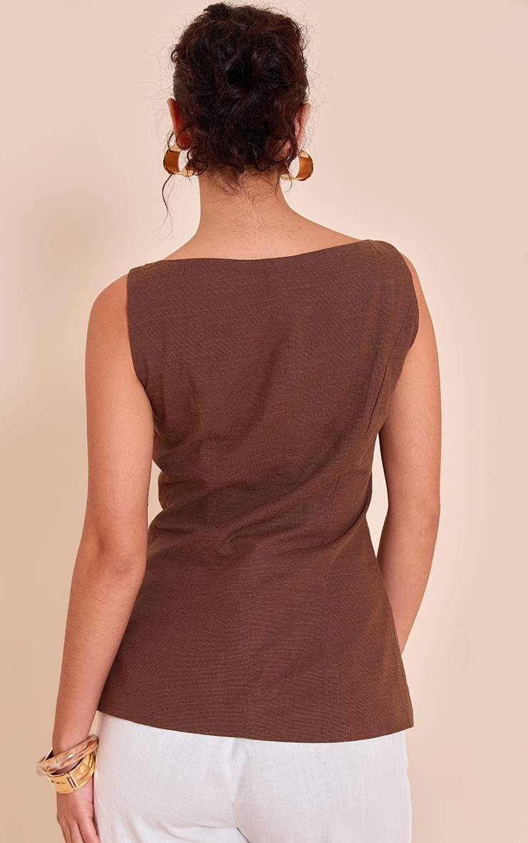 Chocolat Gilet Long Sans Manches À Encolure Carrée Aspect Lin