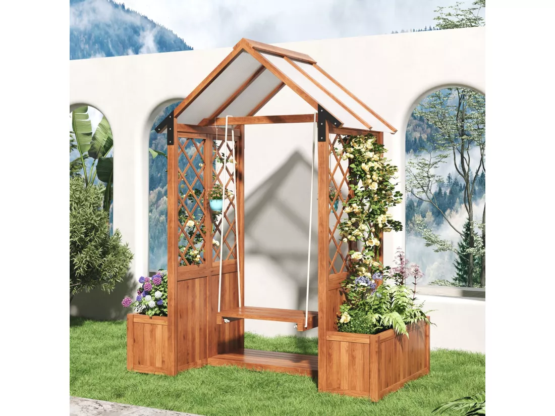 Jardinière avec treillis Balancelle et toit - sapin massif - pour jardin terrasse - 142x70x163cm - Marron