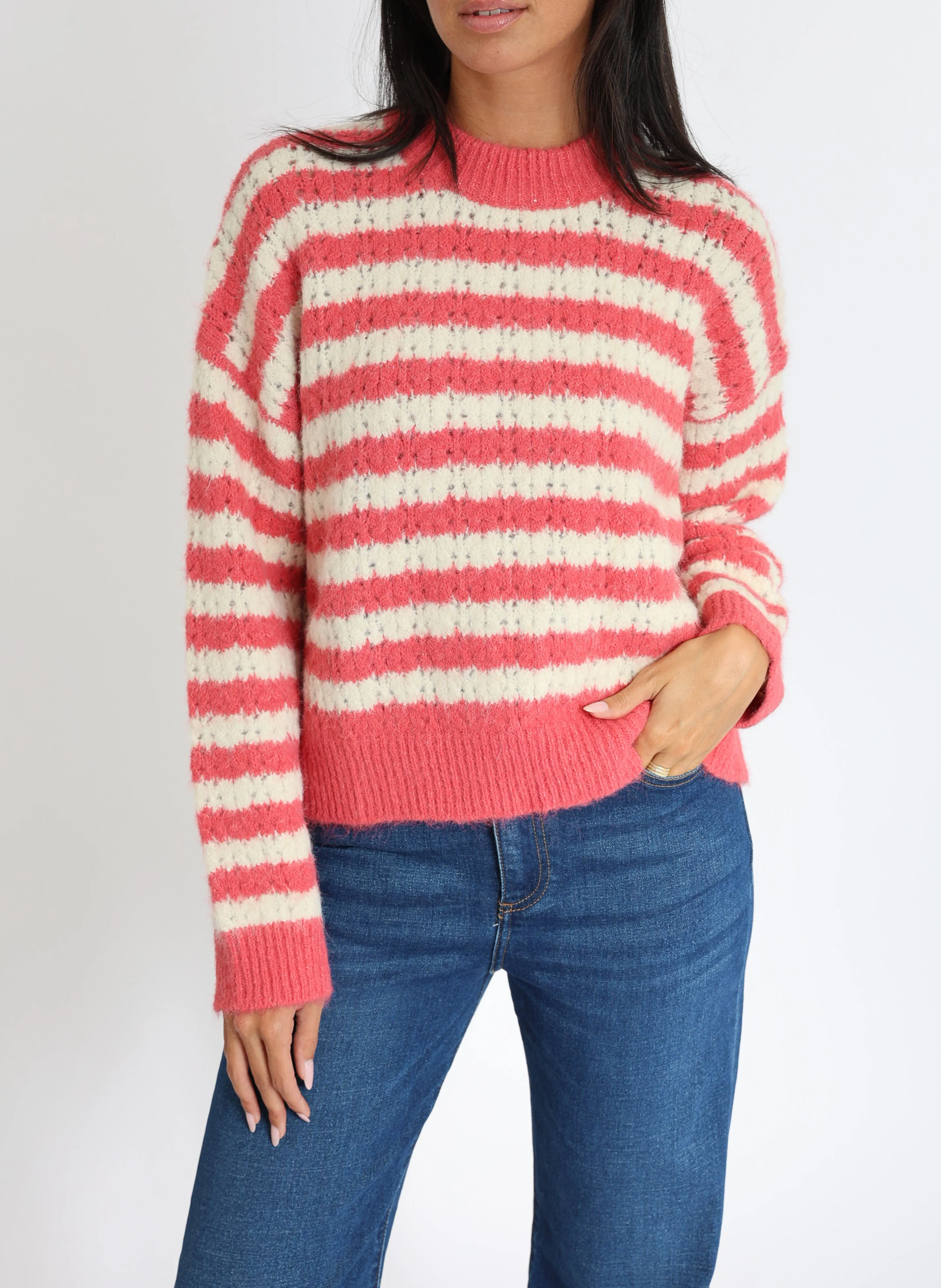 CENDY - Pull ample col rond rayé en maille mélangée | Rose