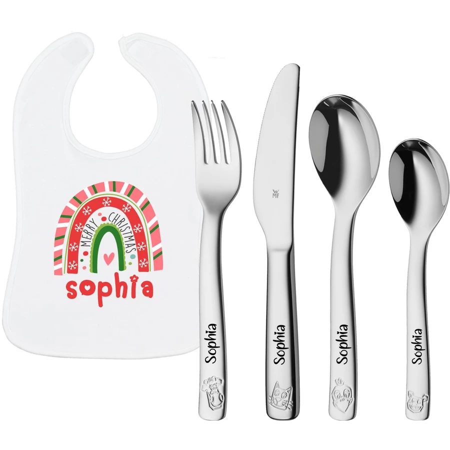 Schnullireich Geschenkset mit Namen WMF Kinderbesteck Farm + Lätzchen Weihnachten Rosa