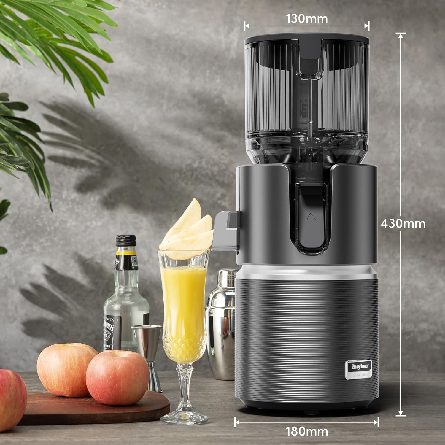 Anybear Entsafter mit 124 mm Einfüllschacht | 350W Slow Juicer mit Doppel-Zerkleinerungstechnologie für Ganze Früchte & Gemüse | Hohe Saftausbeute | BPA-freies Tritan-Material | Mit Saftrezepten(Grau)