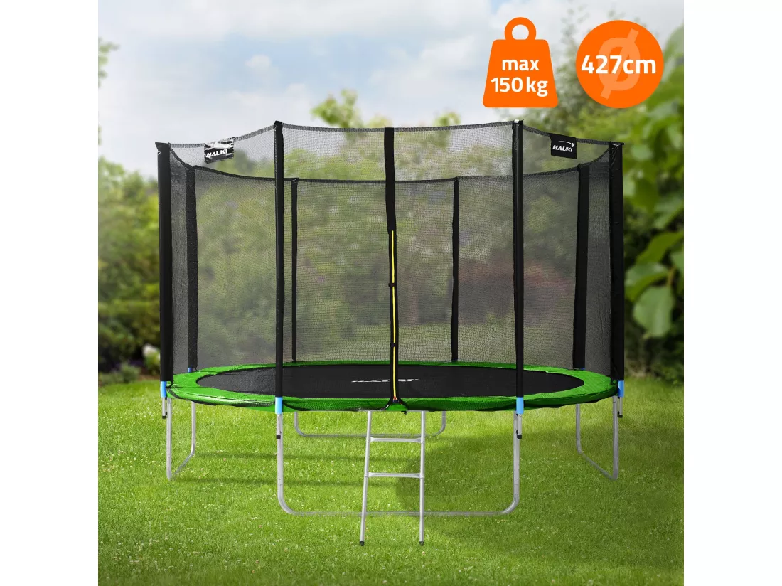 Hauki Trampoline Outdoor, Ø427 cm, vert, certifié GS, trampoline de jardin rond pour enfants jusqu'à 150 kg, set complet avec filet de sécurité, échelle, couverture des bords, barres rembourrées, trampoline stable pour enfants