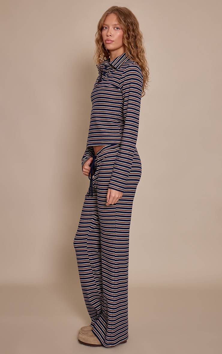 Bleu Marine Pantalon Évasé Ajusté Rayé En Molleton Doux