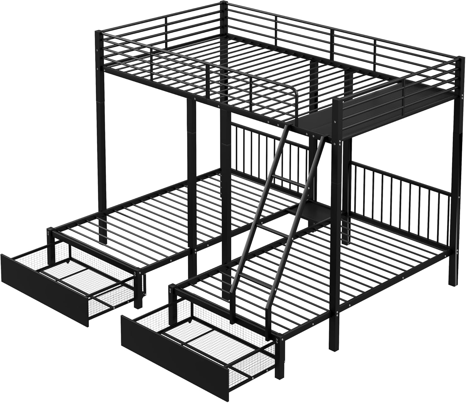 Soweiz Dreifaches Etagenbett mit Schubladen, Metallbettrahmen, umwandelbar in 140 x 200 Doppelbett und Zwei 90 x 200 Einzelbetten, multifunktionales Metallrahmenbett (Schwarz)