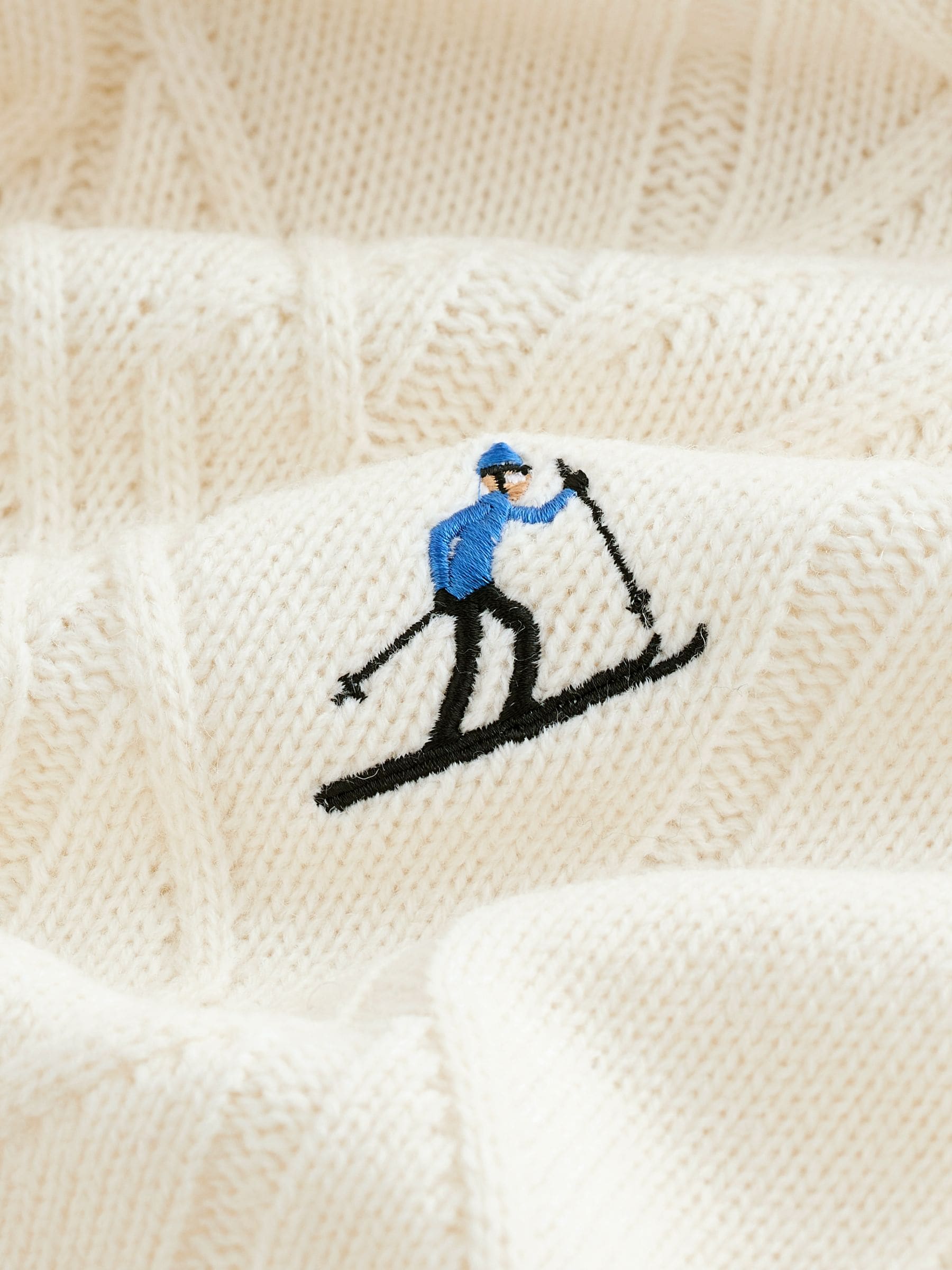 Ecru wit - Regular Fit Christmas Ski Cable Quarter Zip Neck Jumper with Wool