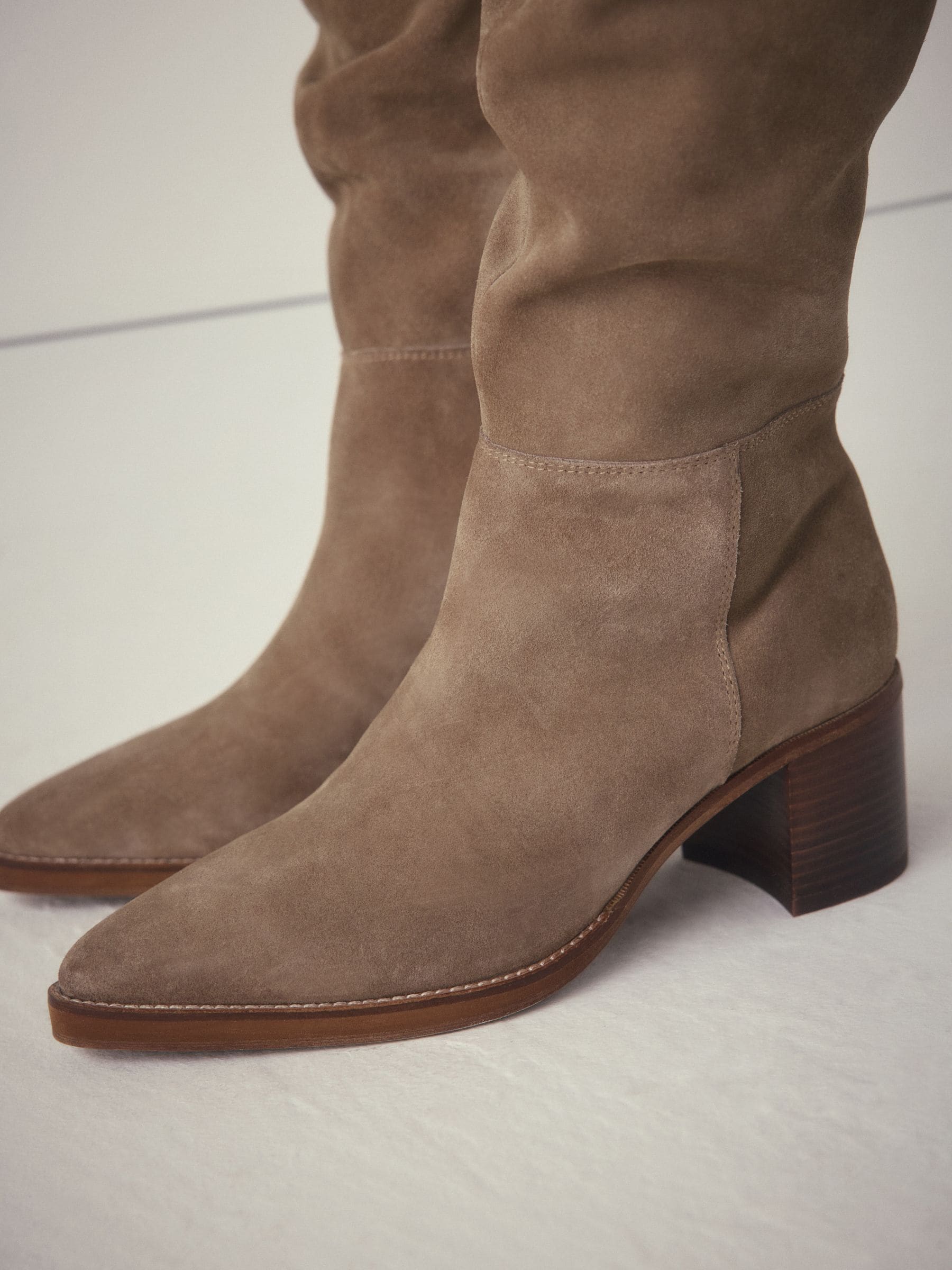 Taupe Brown Suede - Forever Comfort® Slouchy Knee High Block Heeled Boots