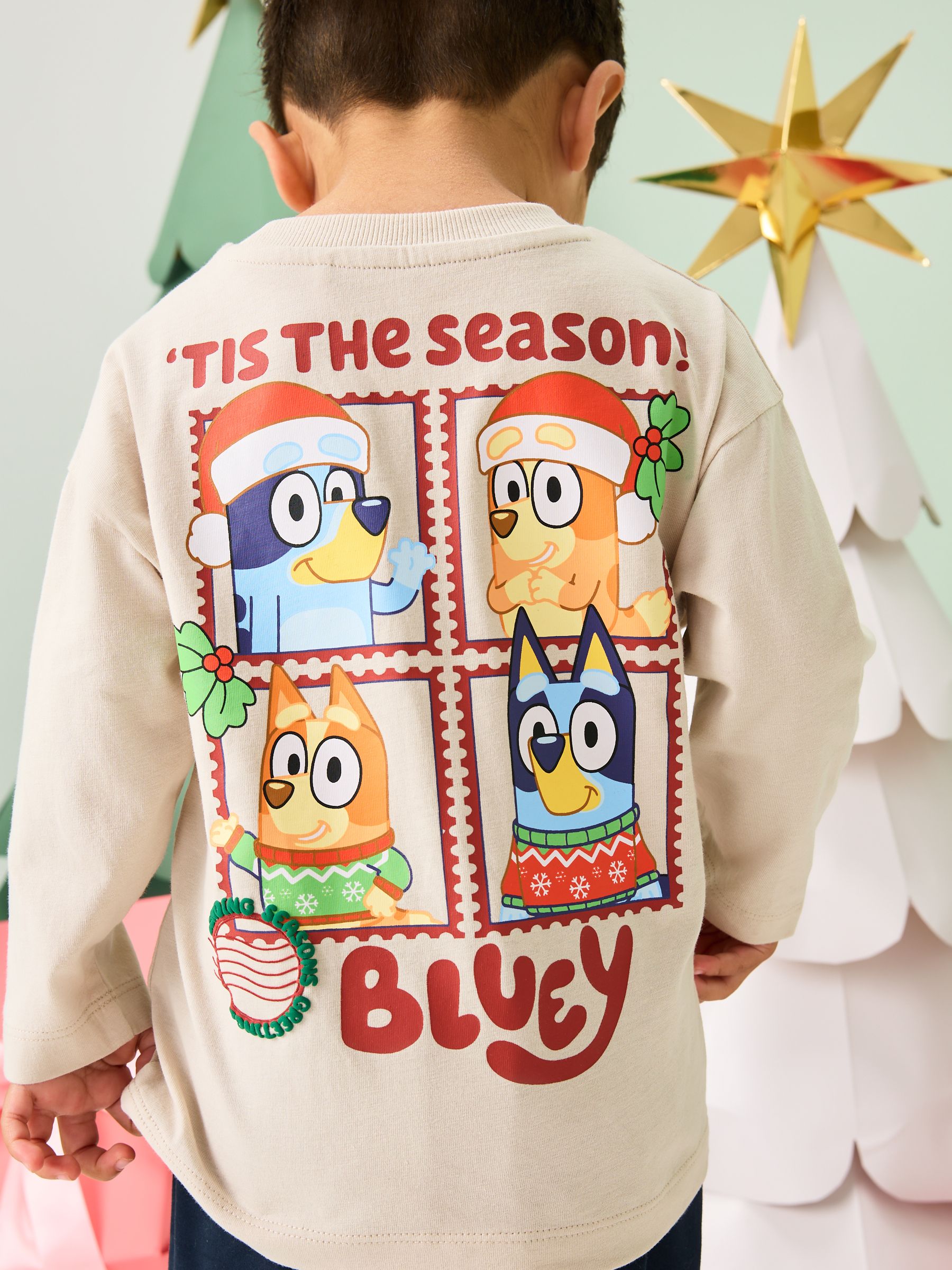 Crème met kerstprint - Bluey T-shirt met lange mouwen (3mnd-8jr)