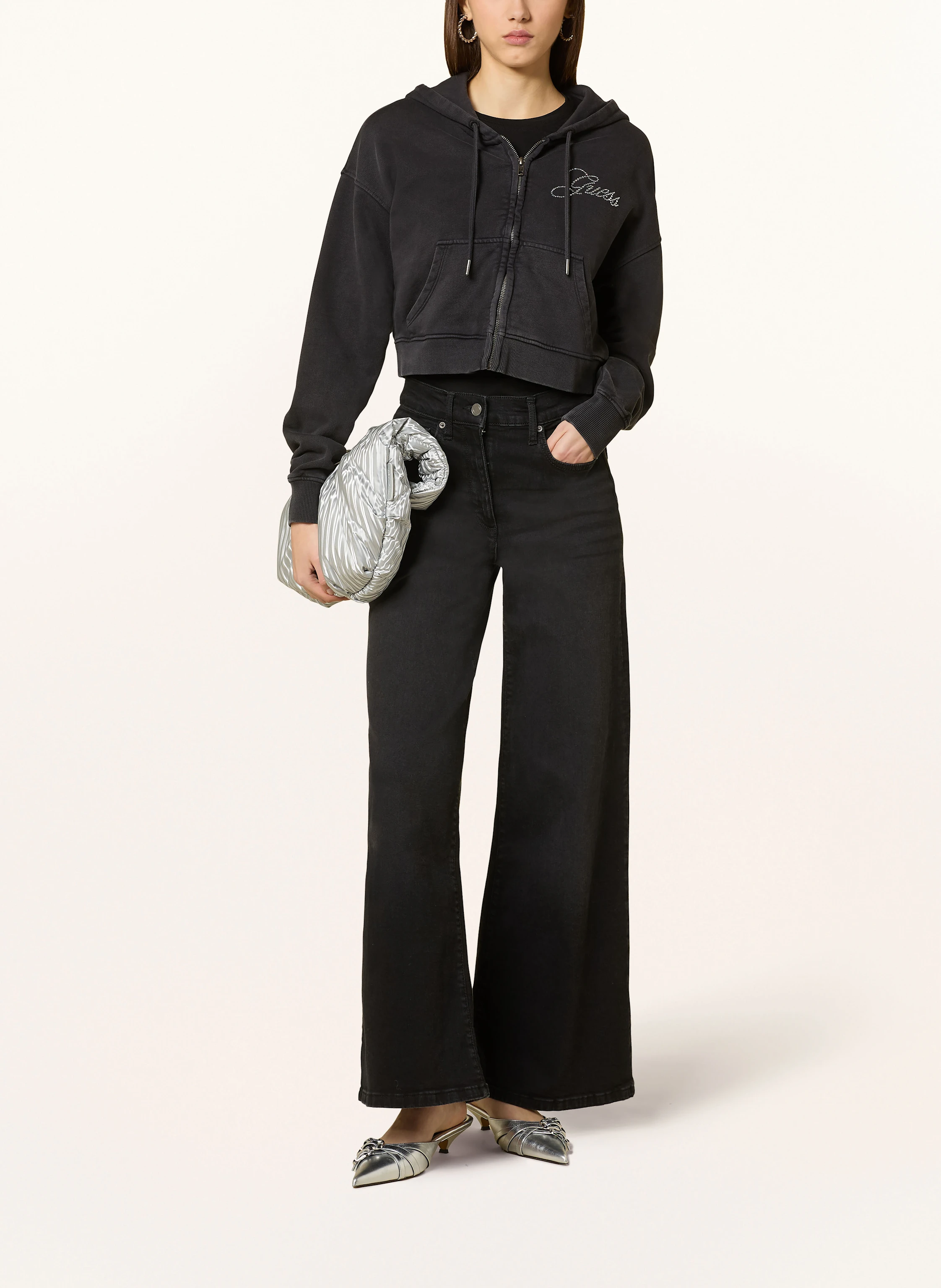 GUESS JEANS Cropped-Sweatjacke mit Schmucksteinen