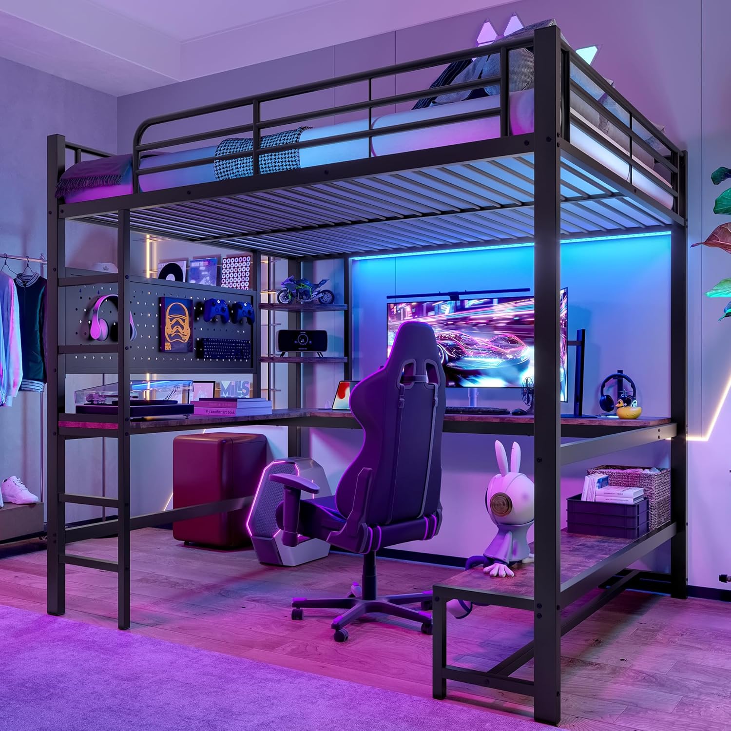 Etagenbett Hochbett 140x200 cm mit LED Leiste&USB Steckdose, Kinderbett Metallbett mit Schreibtisch&&mehrere Regalen&Lochbrett, Doppelbett Bettgestell mit Rausfallschutz&Leiter, Ohne Matratze, Schwarz