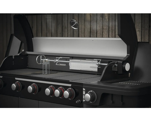 Tenneker® Halo TG-5 U Gasgrill 204,6 x 65,6 x 117 cm 5-pits + zijbrander en achterbrander, gietijzeren rooster, platformsysteem, glazen inzetstuk in het deksel
