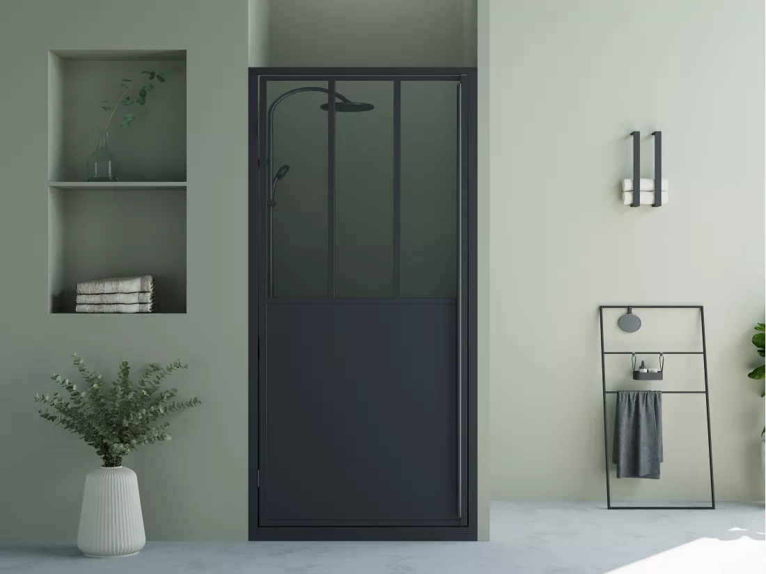 Porte de douche pivotante noir mat style atelier - 80 x 195 cm - URBANIK