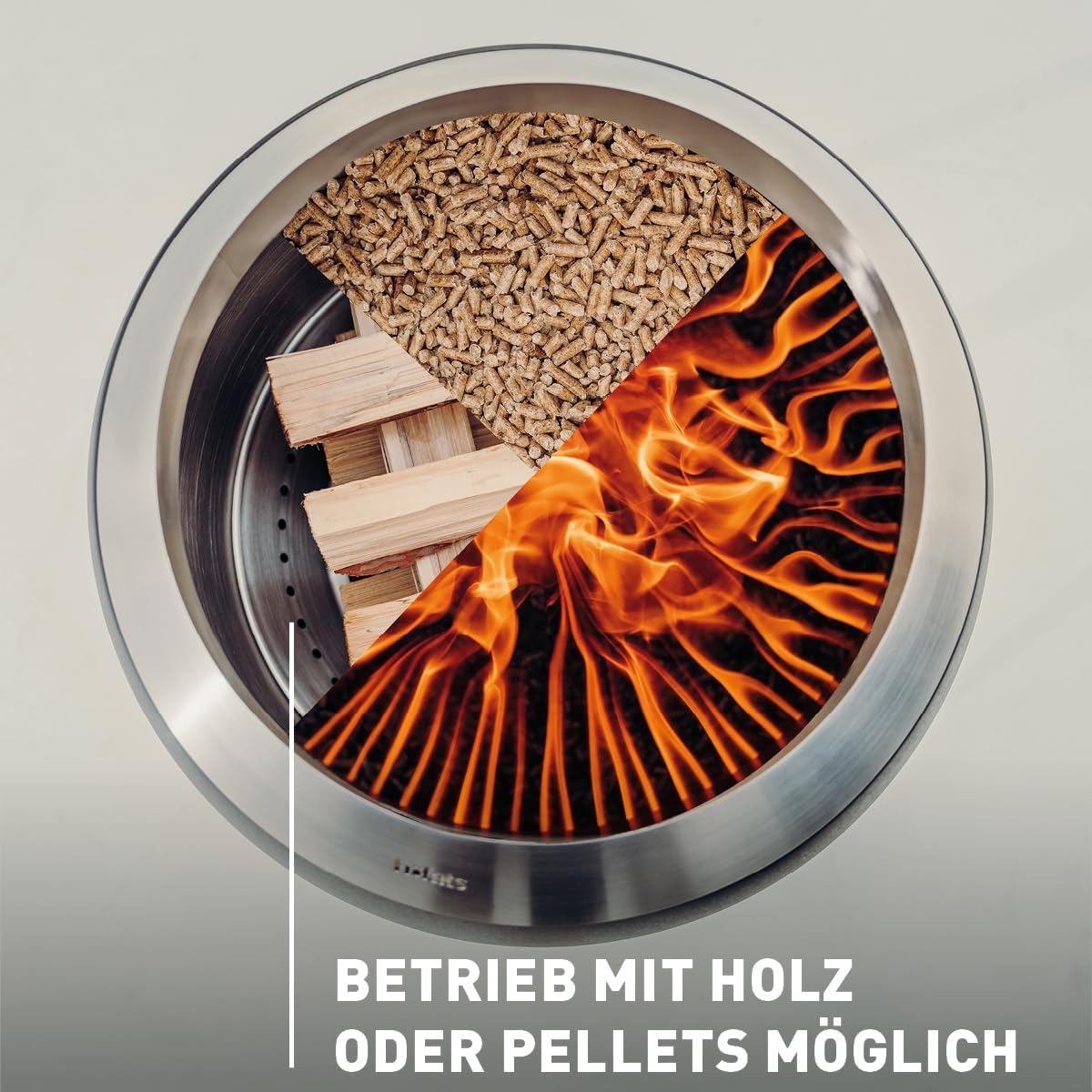höfats - Moon 45 rauchfreie Feuerschale mit niedrigem Fuß aus Edelstahl - emaillierter raucharmer Feuerkorb mit Holzvergaser-Technologie, zweistufigen Verbrennungsprozess - Feuerstelle mit ⌀ 45 cm
