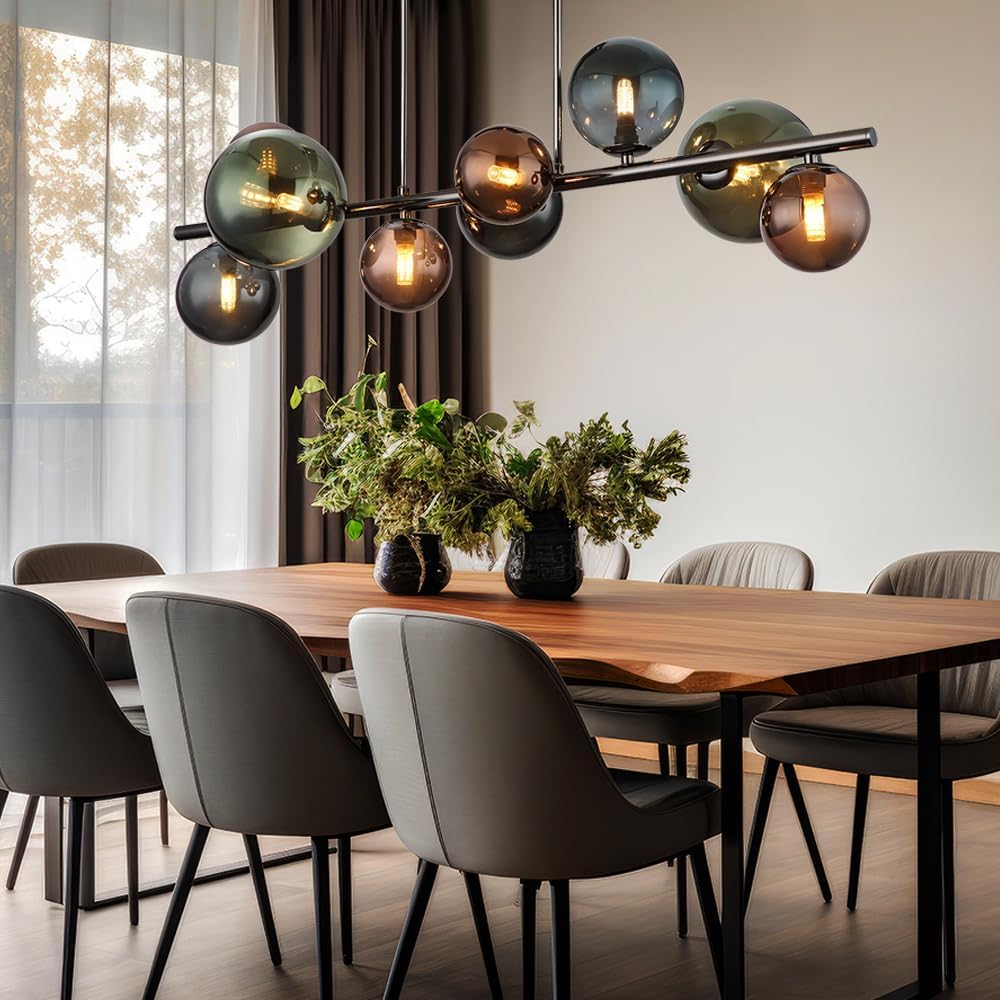 LED Deckenleuchte 9 Flammig Deckenlampe Glaskugeln Esszimmerleuchte Kugeln, bronze petrol grün, 9x 3,5W 350Lm warmweiß, LxBxH 87x30x38 cm
