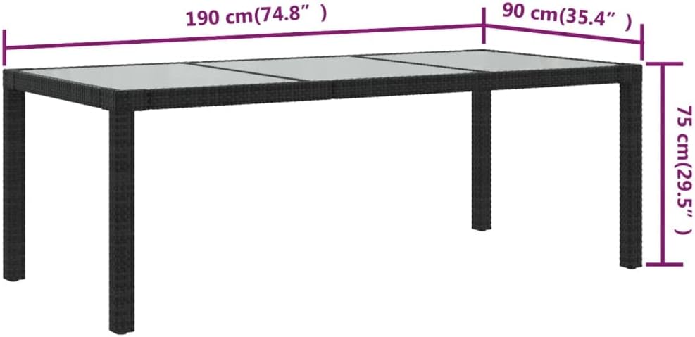 vidaXL Gartentisch Esstisch Terrassentisch Gartenmöbel Balkontisch Outdoor Tisch Außentisch Schwarz 190x90x75cm Gehärtetes Glas Poly Rattan