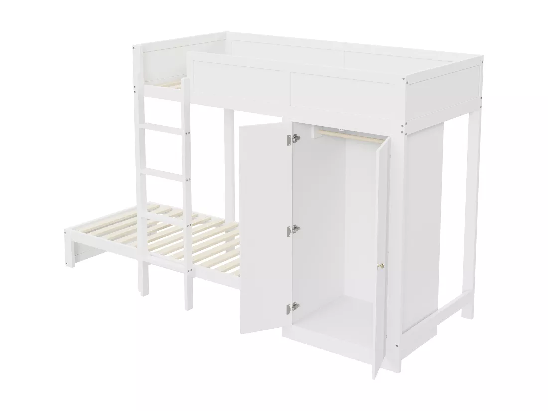 Lit superposé 90x200cm - avec escalier et armoire - 2 sommiers à lattes - Blanc