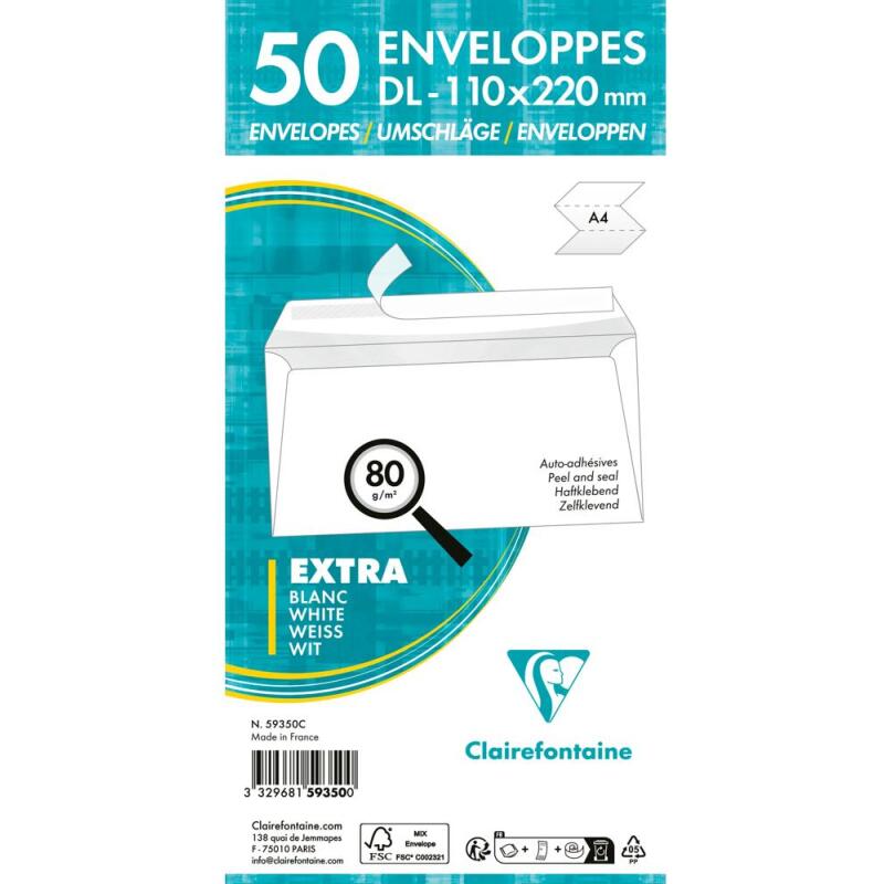 Paquet de 50 Enveloppes Blanches DL-110x220mm - Auto-Adhésives - 80g/m2 - Caisse de 2000 enveloppes. - Blanc