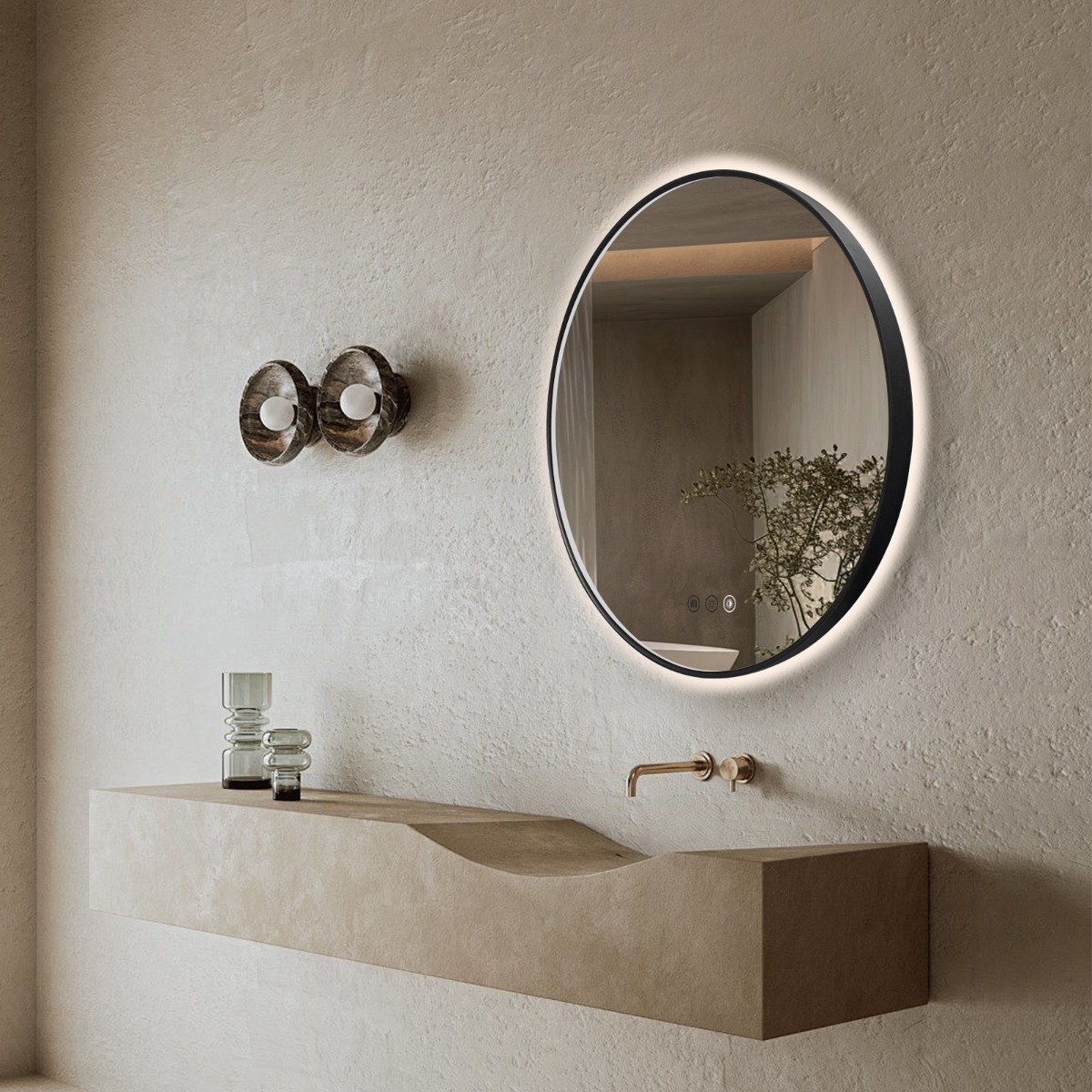 Saniclear Circle Black 2.0 ronde spiegel met verwarming, direct en indirect licht mat zwart 70cm