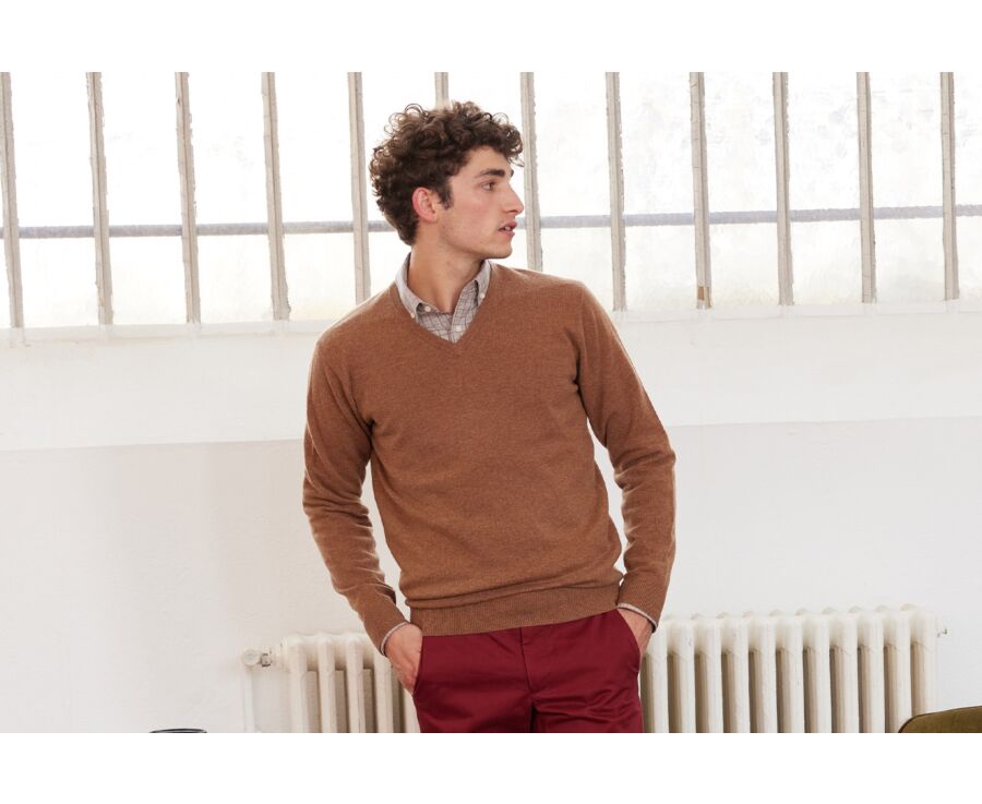 Pull homme laine col V Noisette Chiné - ELIAN