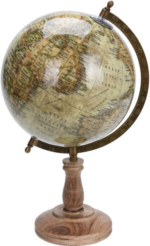 Wereldbol - Antieklook - Beige - Mangohouten Voet - 23 cm Diameter