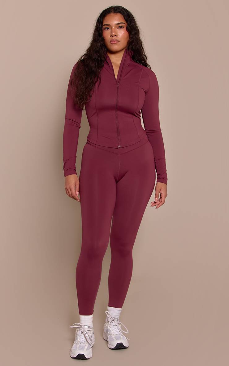 Rouge Bordeaux Veste Zippée À Manches Longues Sculptante Avec Détails De Coutures