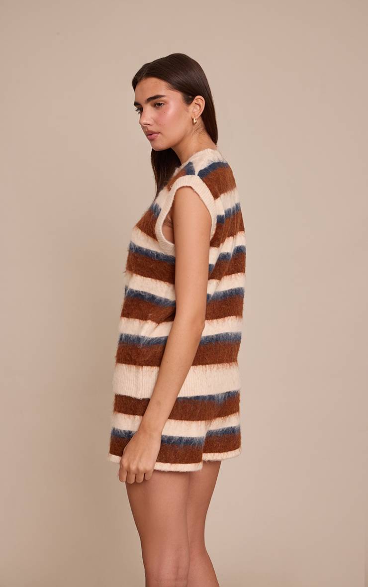 Marron Short En Maille Brossée À Rayures