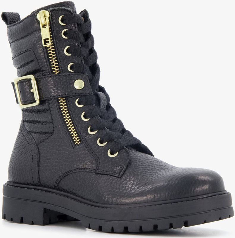 Braqeez leren meisjes veterboots zwart - Maat 33 - Uitneembare zool