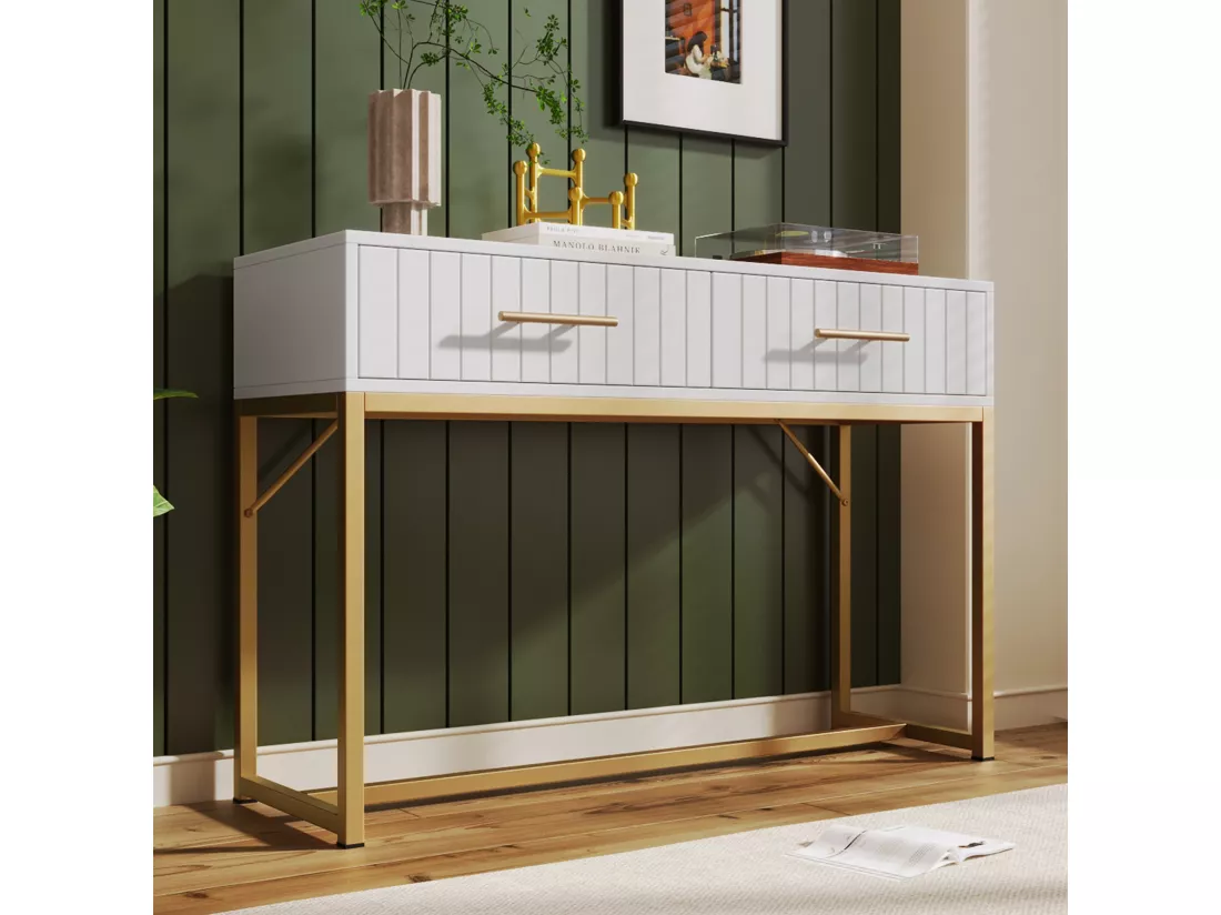 Coiffeuse Moderne avec 2 tiroirs, 75 cm, Commode pour Chambre à coucher, Meuble blanc avec Pieds en Métal, Haut de gamme - H75/B100/T45 cm