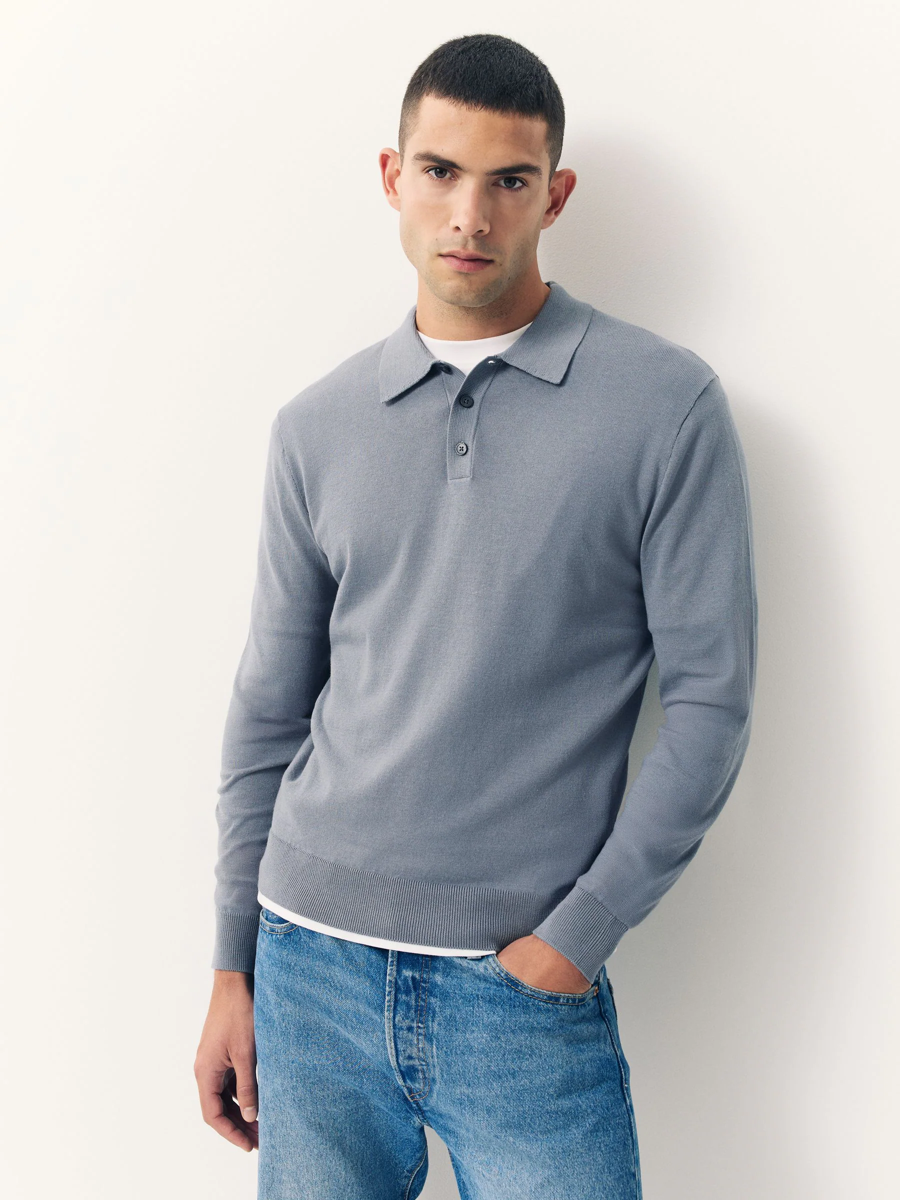 Grijsblauw - Slim Fit - Katoenrijk gebreid poloshirt met lange mouwen