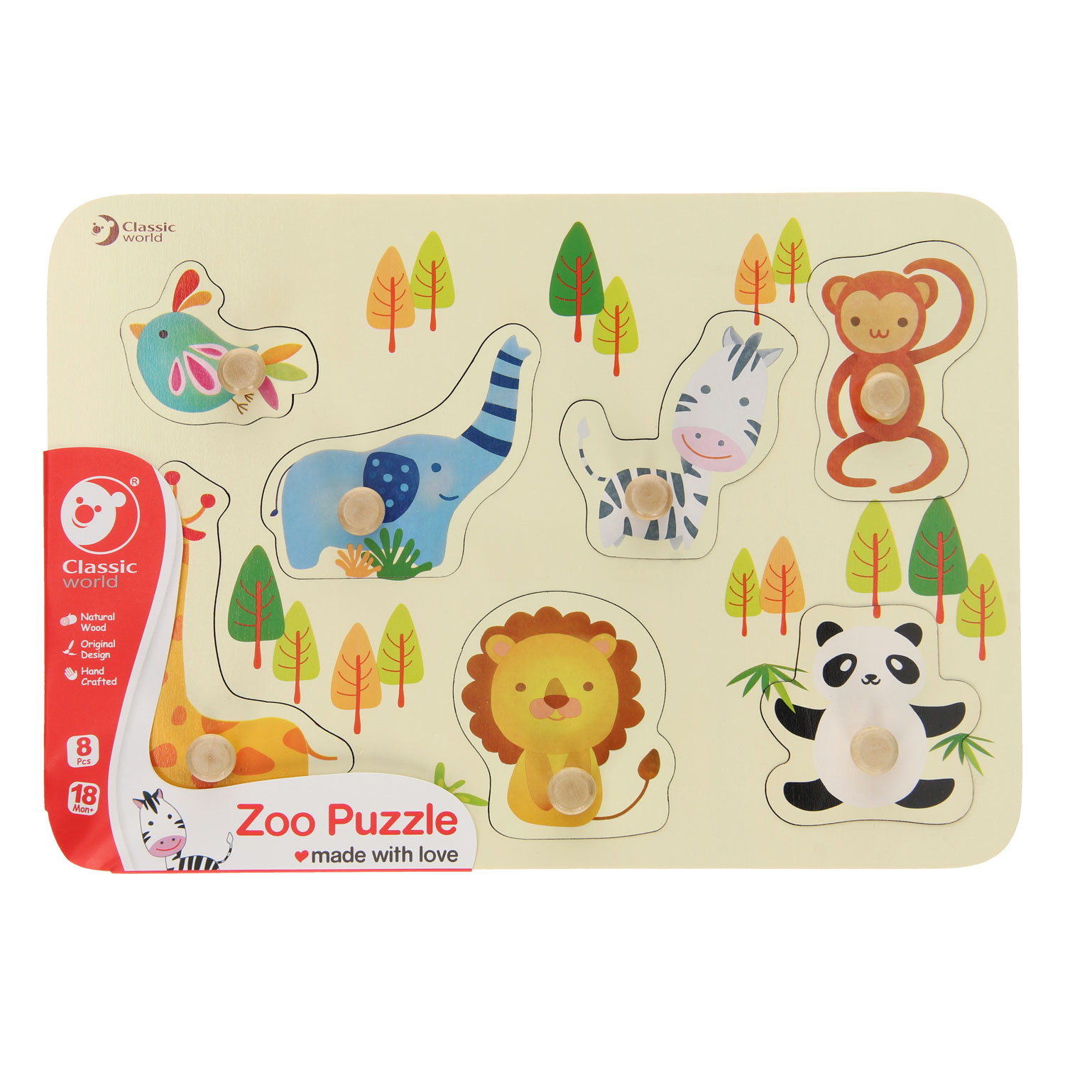 Classic World Houten Noppenpuzzel Wilde Dieren, 7st.