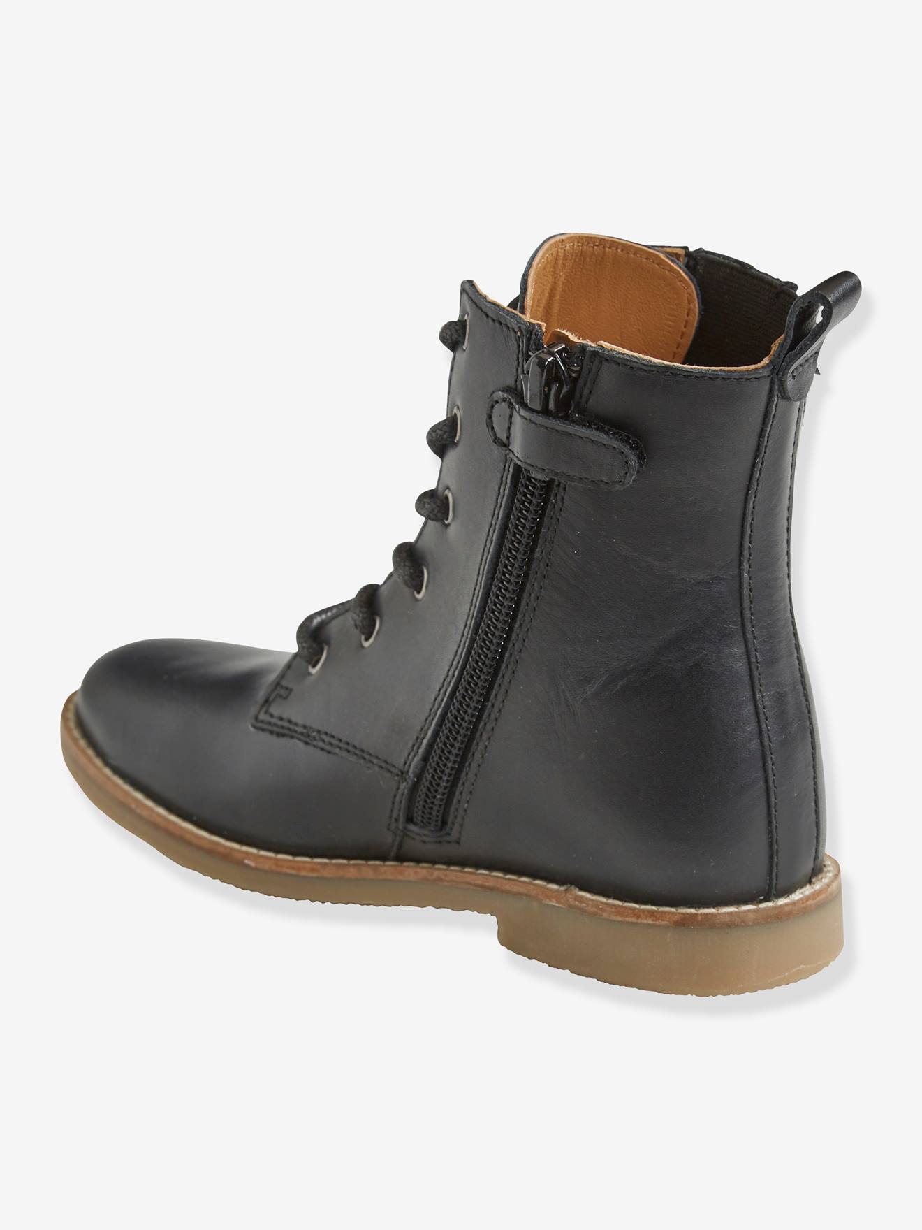 Botas de cano curto em couro com cadarço e zíper, para meninas, cor preta lisa.
