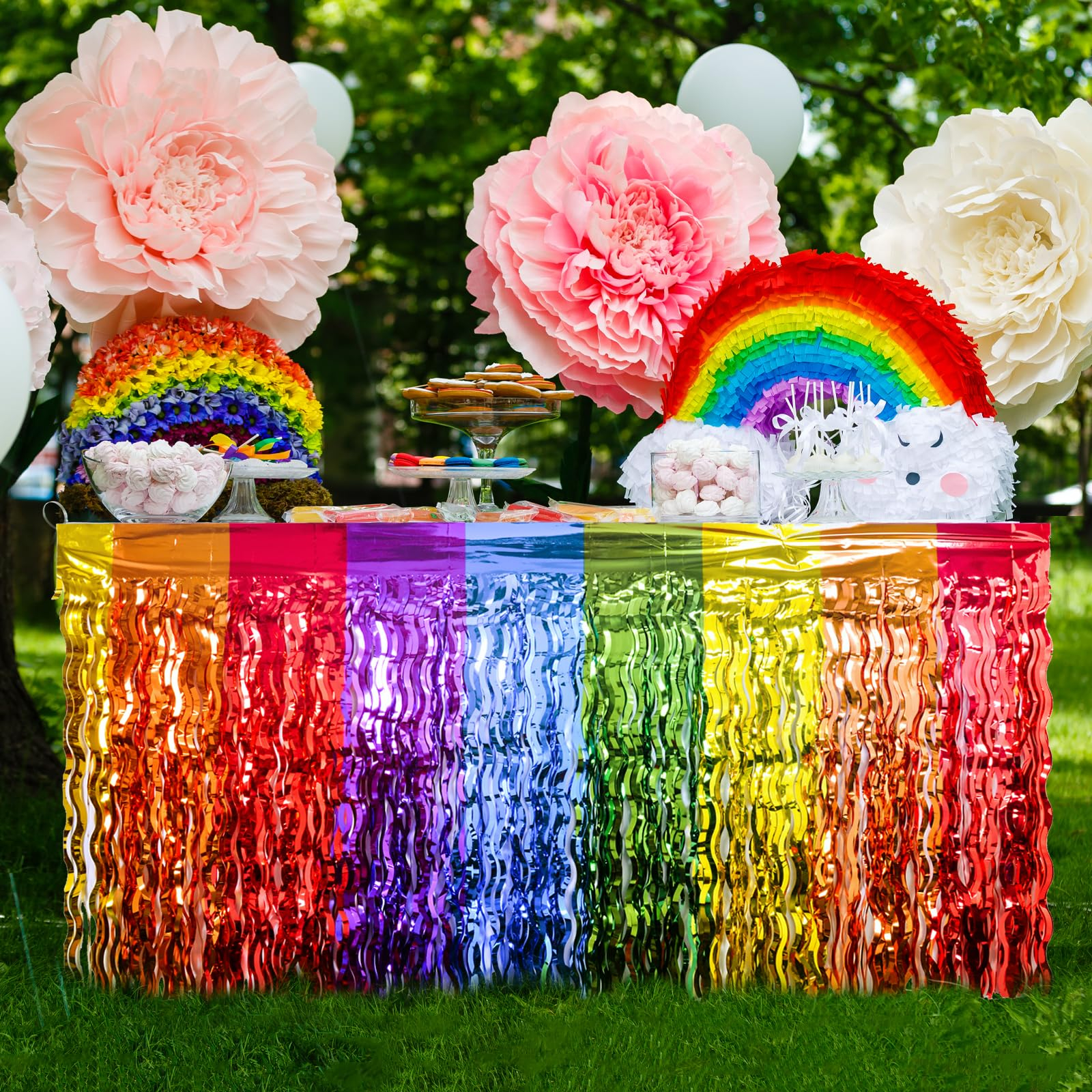 (2er Set) 275x75cm Party Tisch Deko Gewellter Lametta Vorhang Glänzender Fransen Vorhang im Regenbogen Design - Bunt