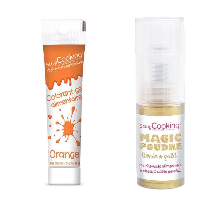 Gel colorant alimentaire orange + Poudre alimentaire irisée dorée Scra