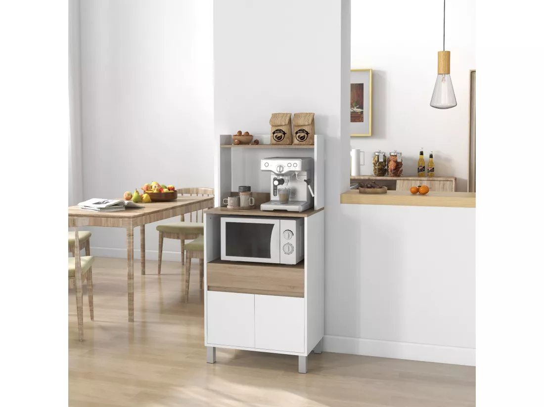 Meuble de rangement desserte de cuisine pour micro-ondes avec placard tiroir étagère supérieur 60 x 40 x 131 cm naturel et blanc