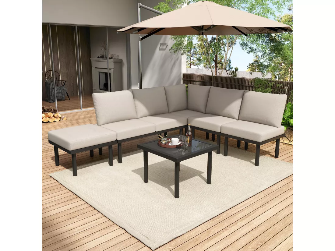 Salon de jardin modulable 6 places en acier galvanisé : 1 canapé 2 places + 1 canapé 2 places + 1 tabouret + 1 table basse carrée - Beige