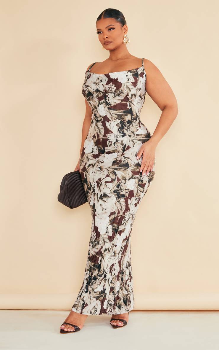 Marron Robe Longue Plissée Grande Taille À Col Bénitier Imprimée