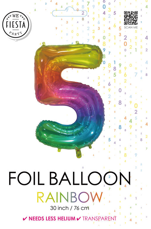Folieballon Cijfer 5 Regenboog Transparant 66cm