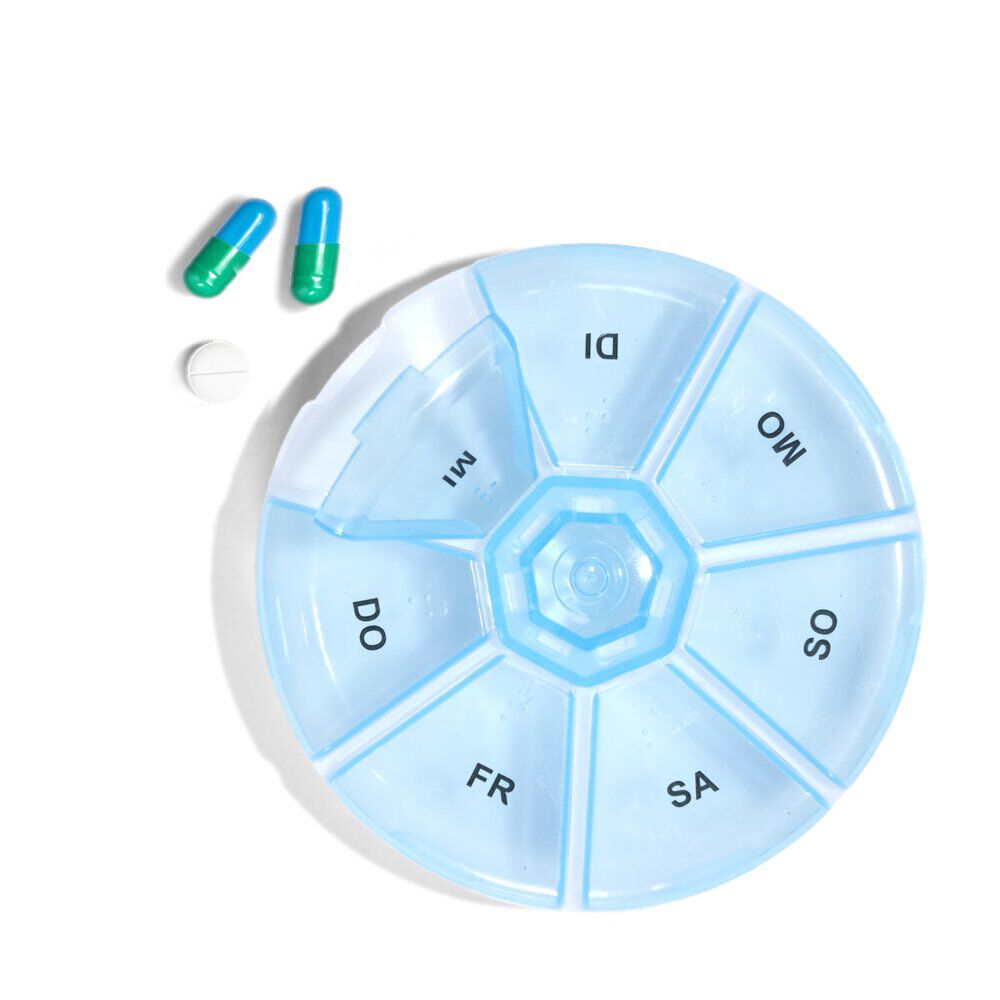 Pilulier 1 semaine 7 compartiments rond plastique bleu Ø8,5cm