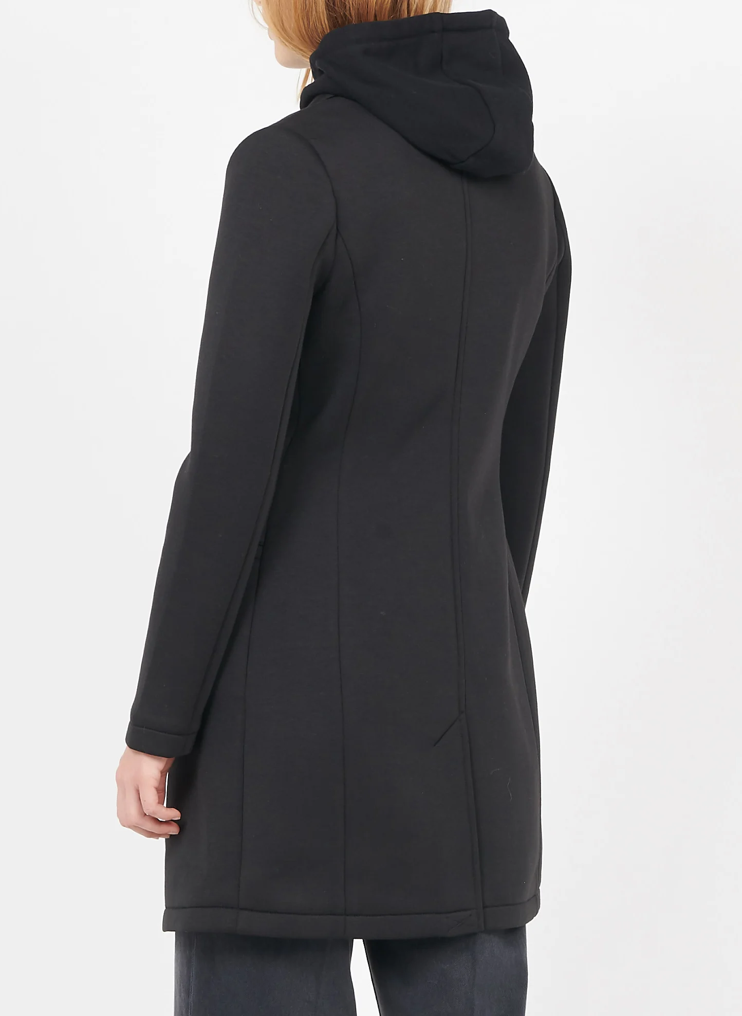 Manteau mi-long col tailleur à capuche| Noir