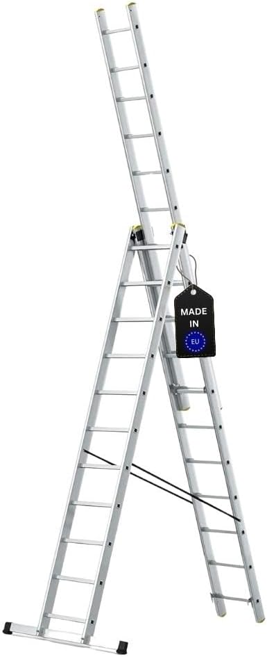 PROREGAL Economy Plus 3-delige multifunctionele ladder met dwarsbalk, 3 x 11 sporten, werkhoogte 6,31 m, draagvermogen 150 kg